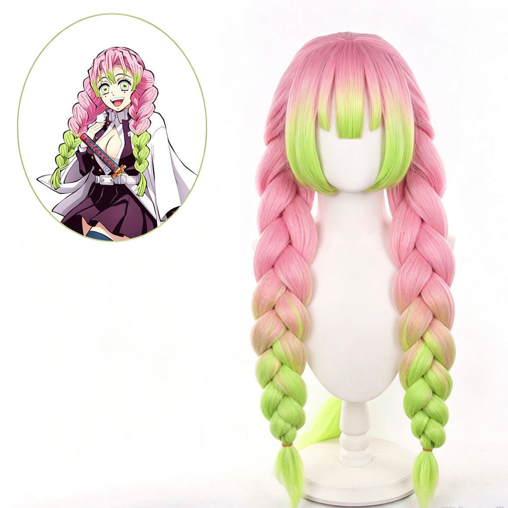 Demon   Slayer   Mitsuri Kanroji   Pink   Green Ombre   Braid   Basic   Wig