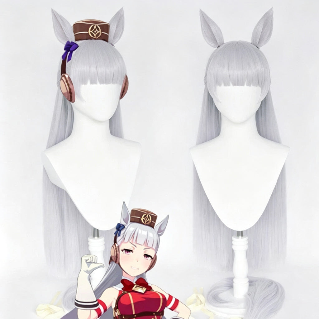 Uma   Musume   Gold Ship   Silver   Gray   Purple Full   Fringe   Long Straight   Basic   Wig