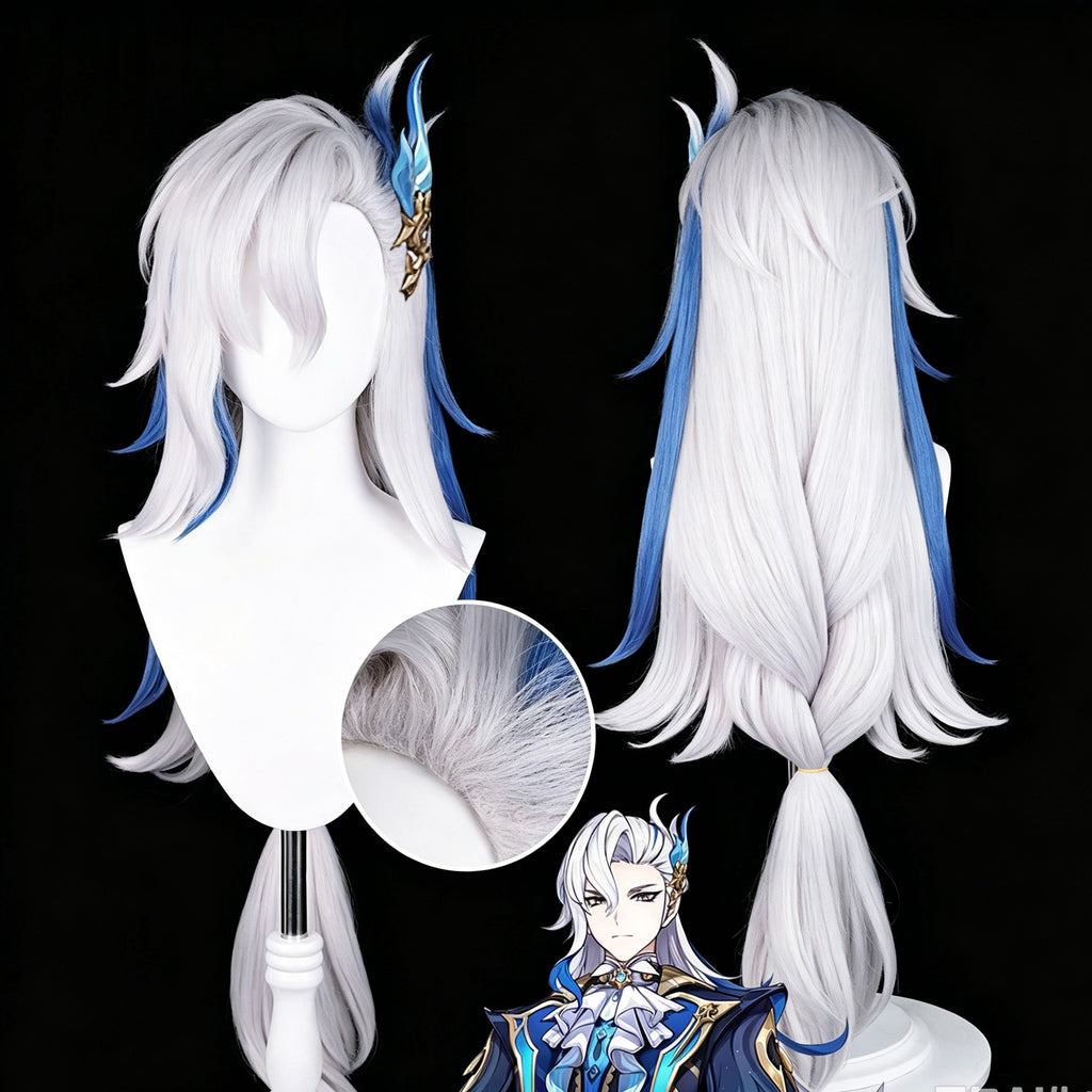 Genshin   Impact Neuvillette   Long   White Blue   Hair   Basic   Wig