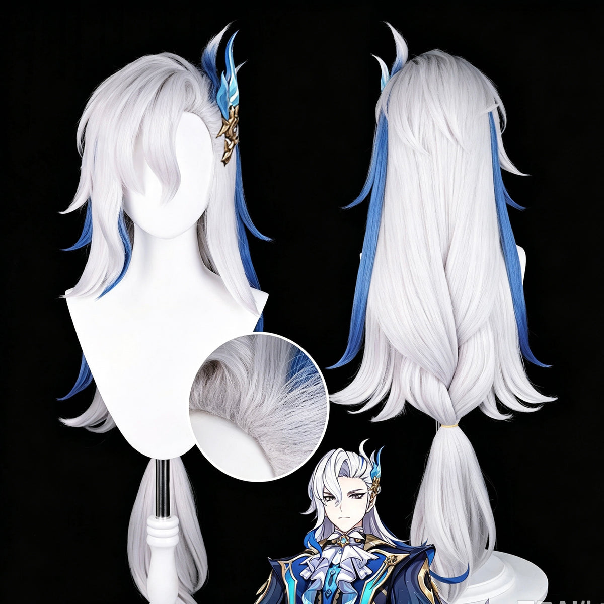 Genshin   Impact Neuvillette   Long   White Blue   Hair   Basic   Wig