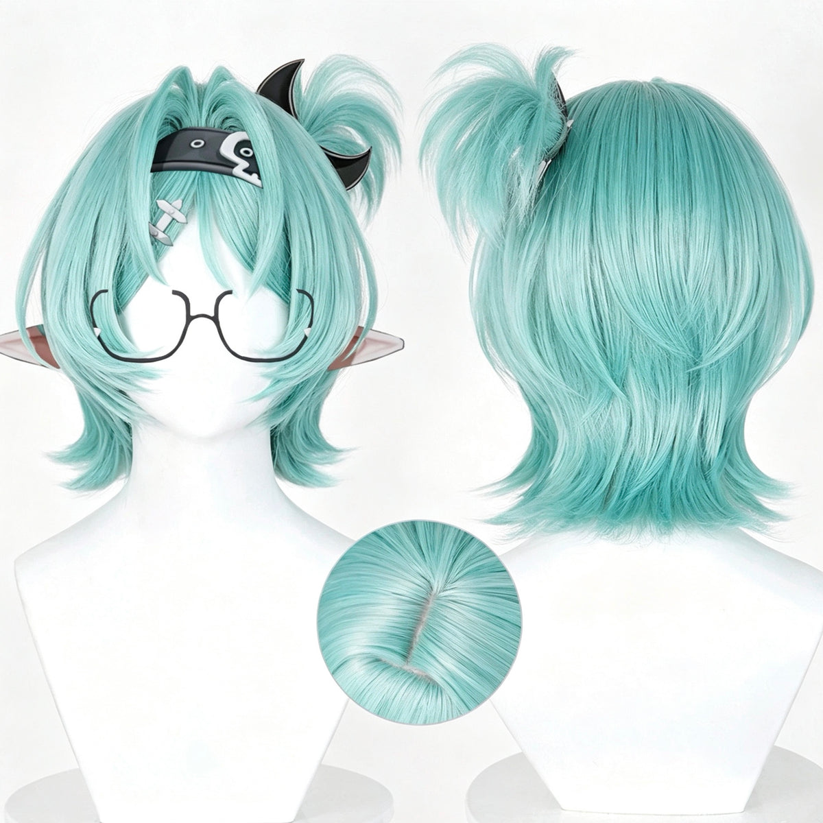 Zenless   Zone   Zero Roxie   Wig   Mint Cyan‑Blue   Realistic Scalp   Top   Short   Wig With   Detachable Alligator‑Clip   Ahoge Ponytail   Basic   Wig