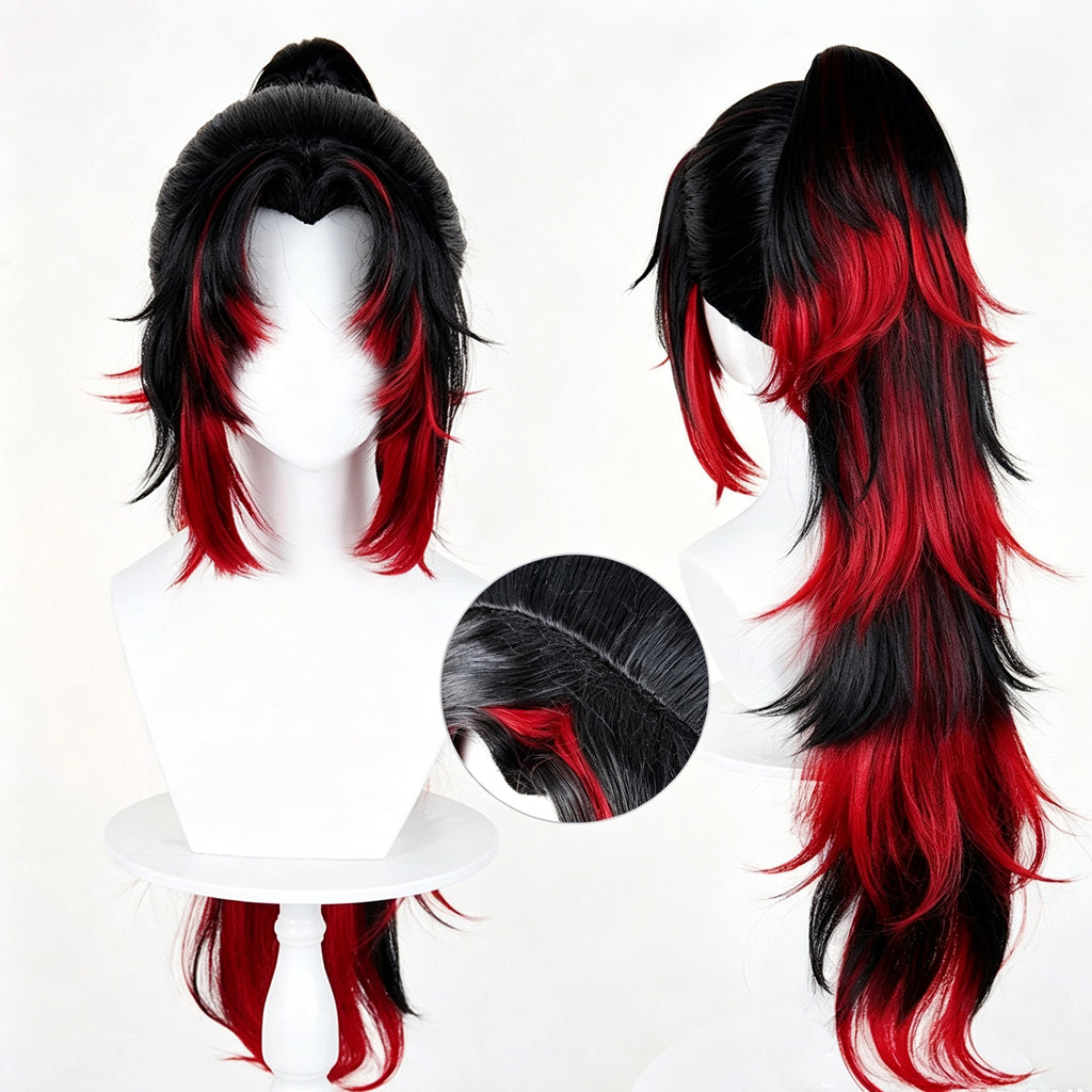 Demon   Slayer Tsugikuni   Yoriichi   Long Black   Red   Hair   Basic Wig