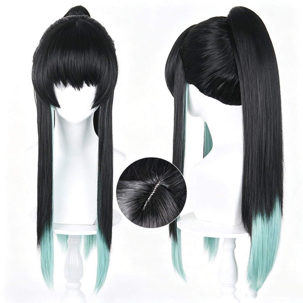 Demon   Slayer   Tokito Muichiro   Black   Teal Gradient   High   Ponytail Basic   Wig
