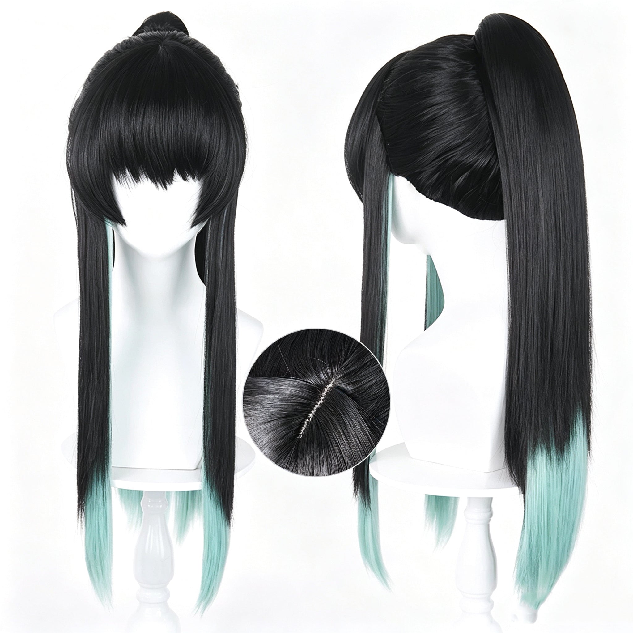 Demon   Slayer   Tokito Muichiro   Black   Teal Gradient   High   Ponytail Basic   Wig