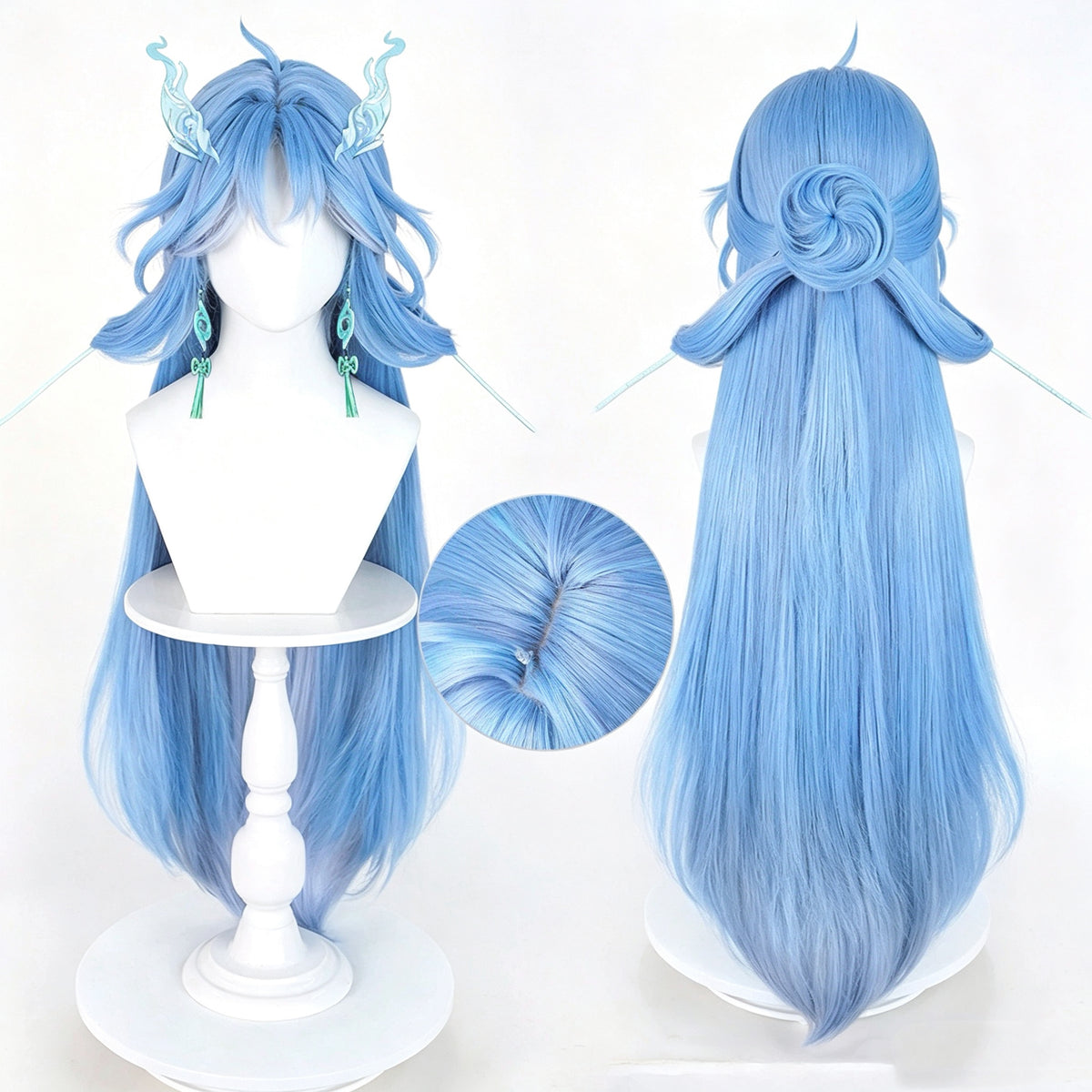 Wuthering   Waves Qingxiao   Sky   Blue Gradient   Long   Hair Detachable   Claw   Clip Bun   Basic   Wig