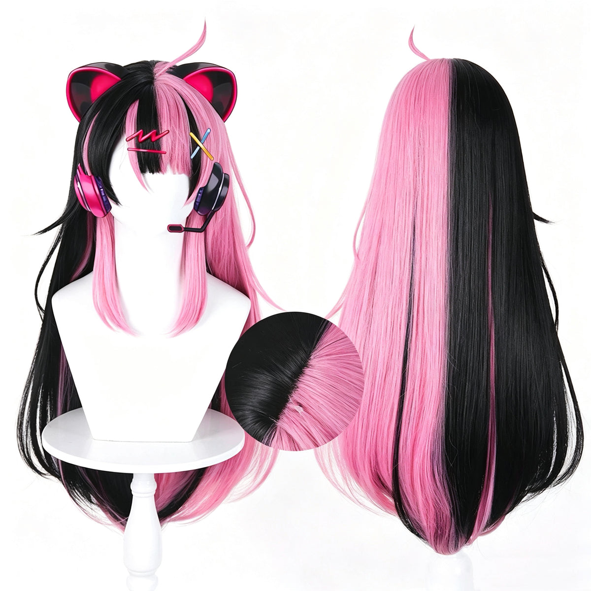 BangDream   MewType Sengoku   Yuno   Wig Half‑Black   Half‑Pink Split   Color   Realistic Scalp   Top   Long Straight
